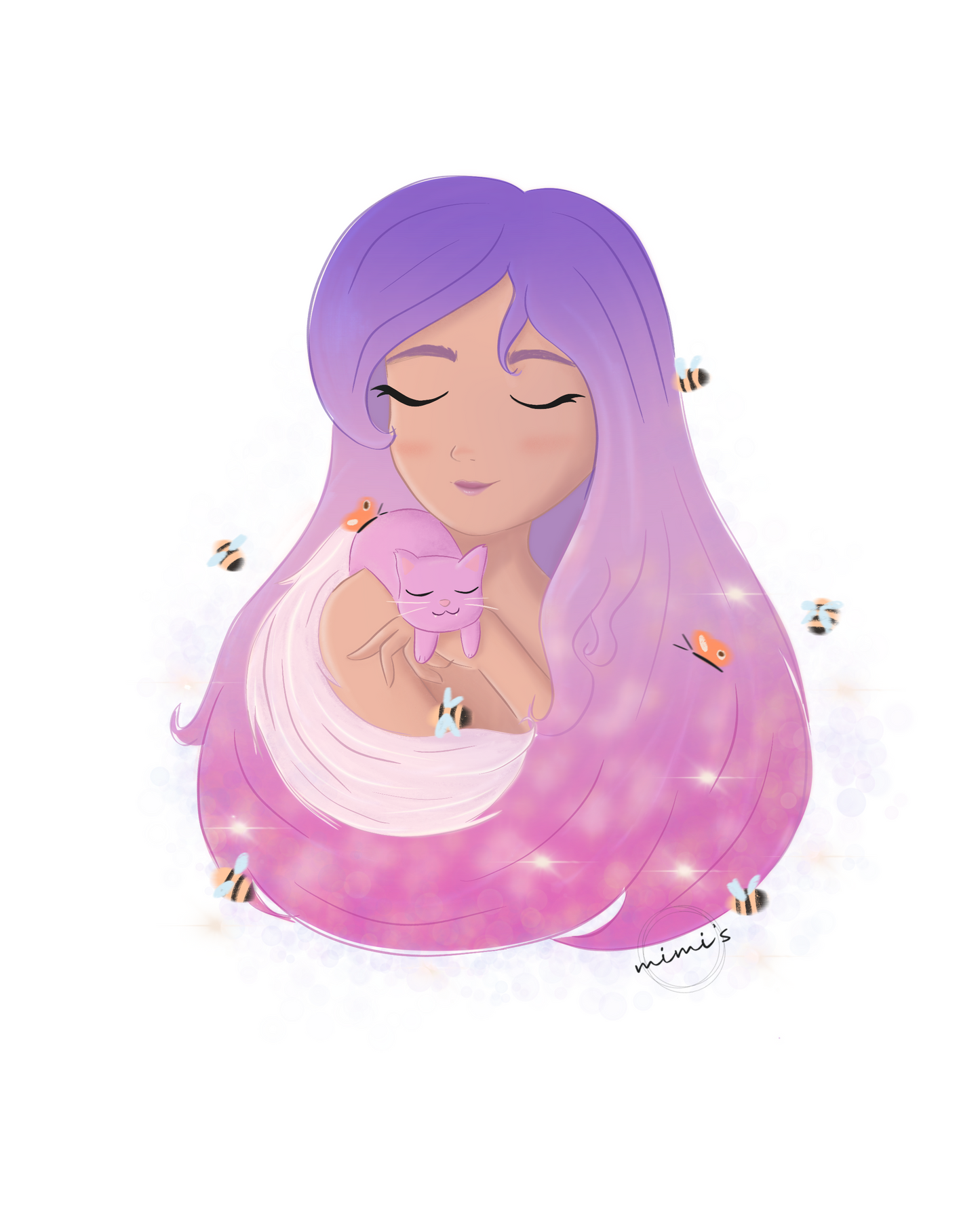 Lámina ilustrada, ilustración femenina gatito y abejas - Print