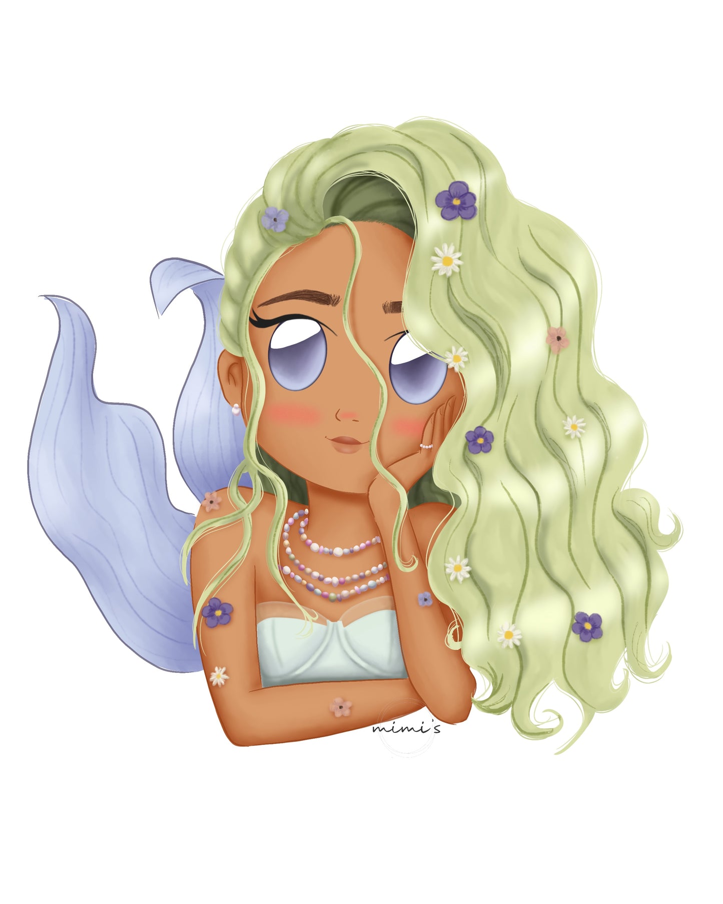 Lámina ilustrada Sirena azul cabello dorado - Print