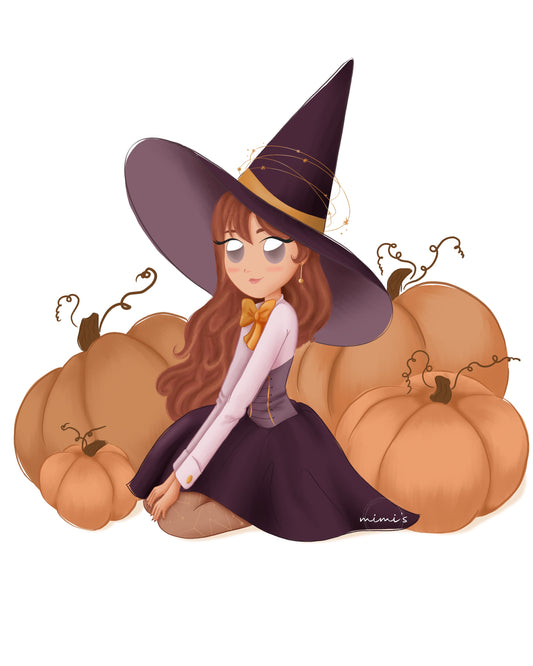 Lámina ilustrada brujita calabazas - Halloween - Print